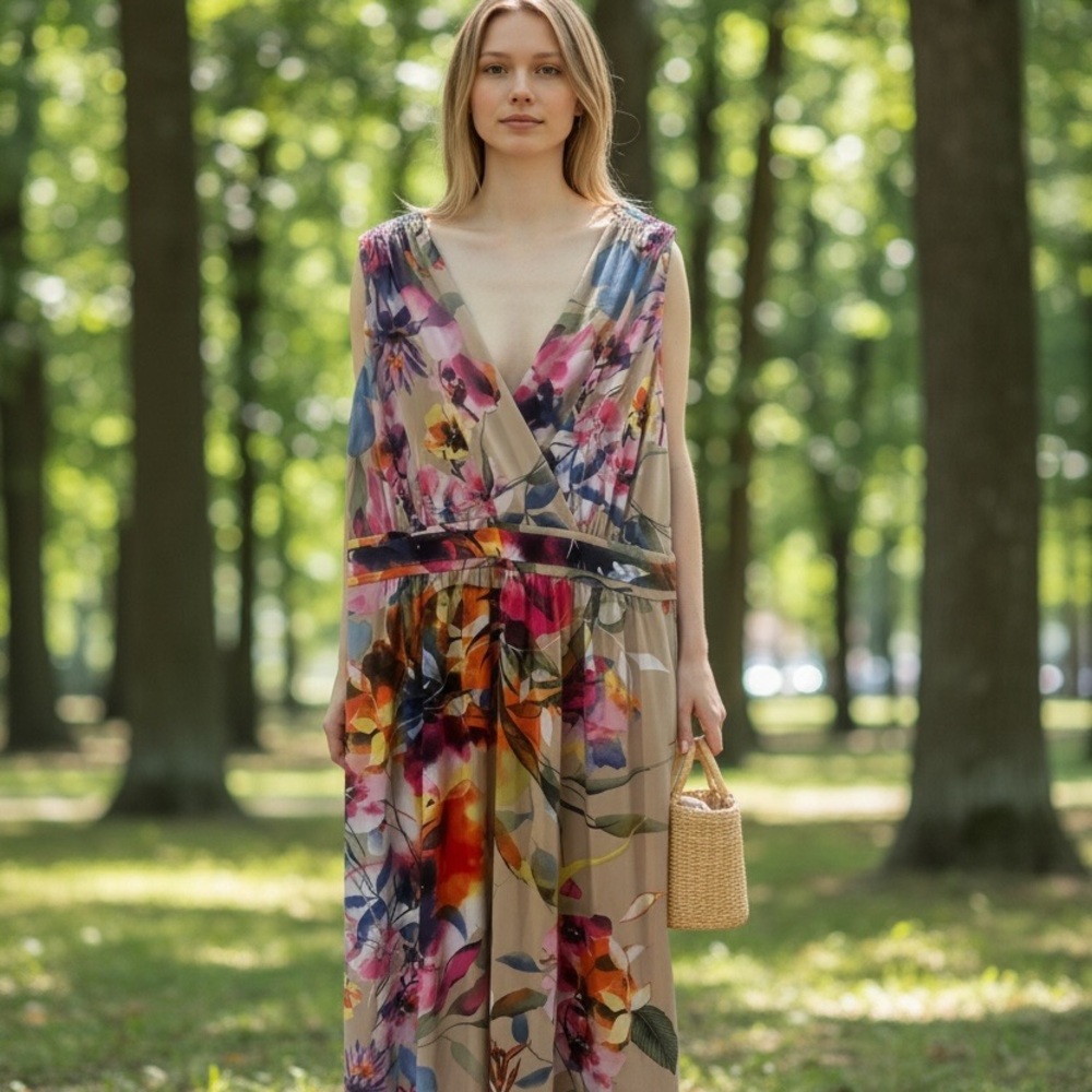 NorthStyle Floral Dress in Beige with Pink, Blue & Green Accents